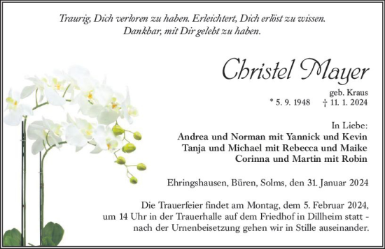 Traueranzeige von Christel Mayer von Wetzlarer Neue Zeitung