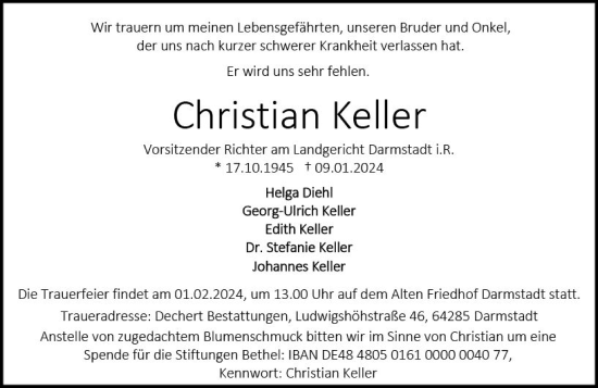 Traueranzeige von Christian Keller von Darmstädter Echo