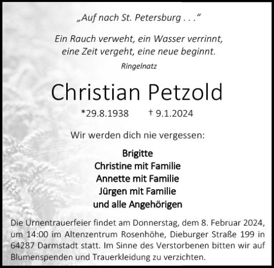 Traueranzeige von Christian Petzold von Darmstädter Echo