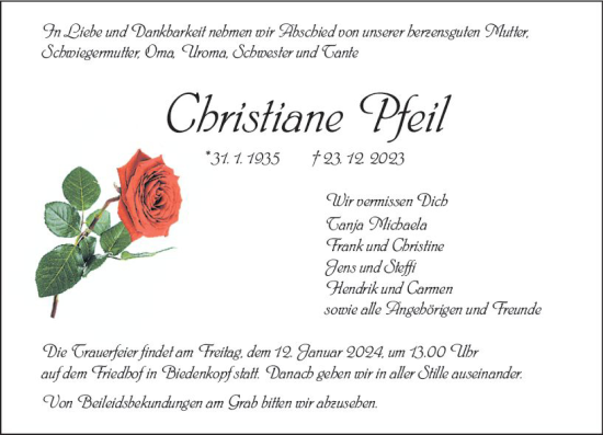 Traueranzeige von Christiane Pfeil von Hinterländer Anzeiger