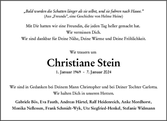 Traueranzeige von Christiane Stein von Wiesbadener Kurier