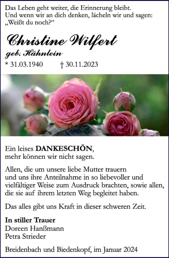 Traueranzeige von Christine Wilfert von Hinterländer Anzeiger