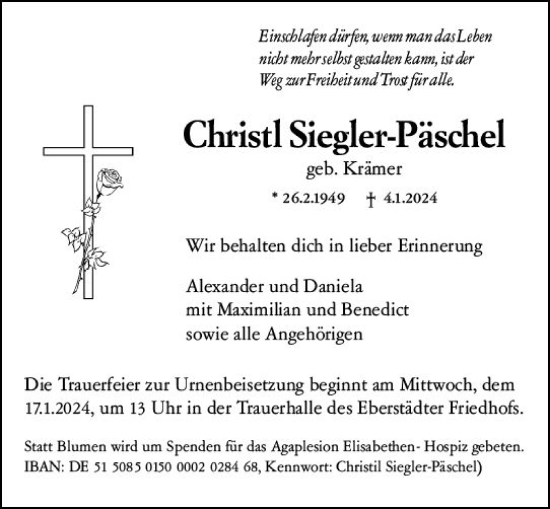 Traueranzeige von Christl Siegler-Päschel von Darmstädter Echo