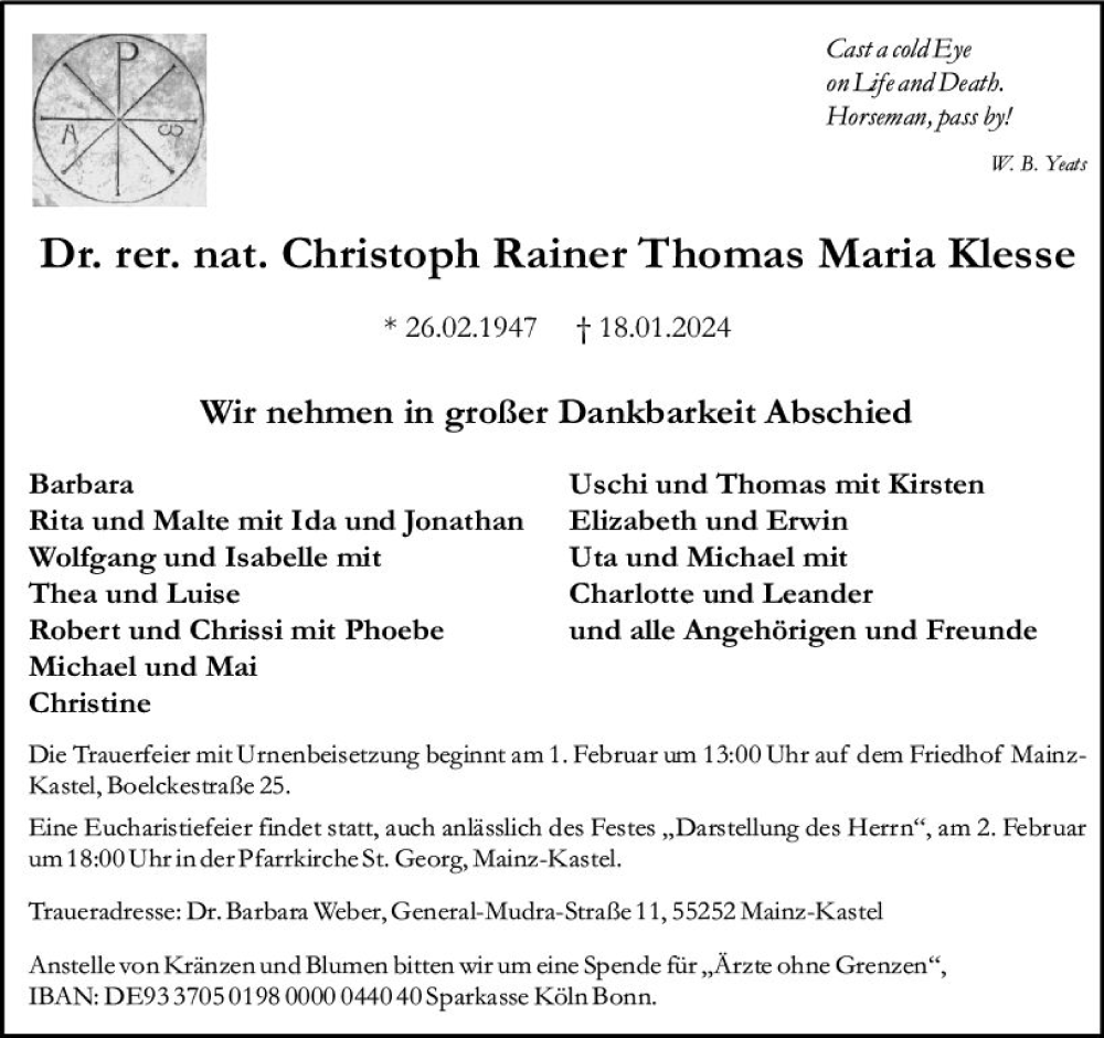  Traueranzeige für Christop Rainer Thomas Maria Klesse vom 27.01.2024 aus Allgemeine Zeitung Mainz