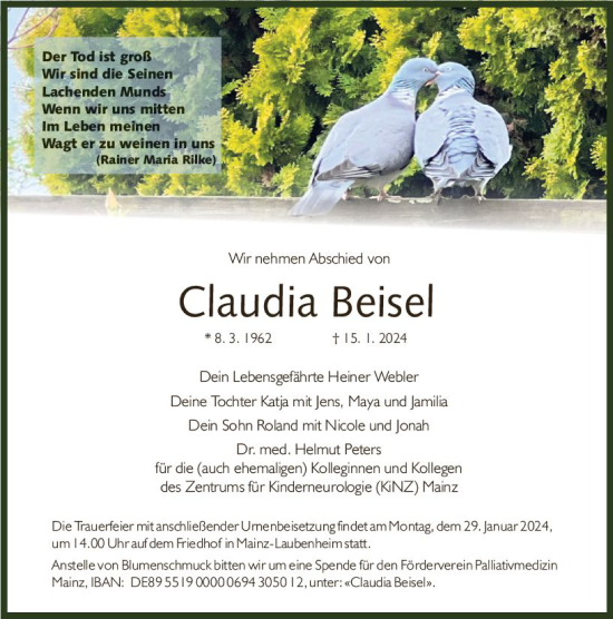 Traueranzeige von Claudia Beisel von Allgemeine Zeitung Mainz