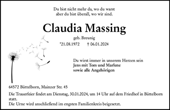 Traueranzeige von Claudia Massing von Groß-Gerauer Echo