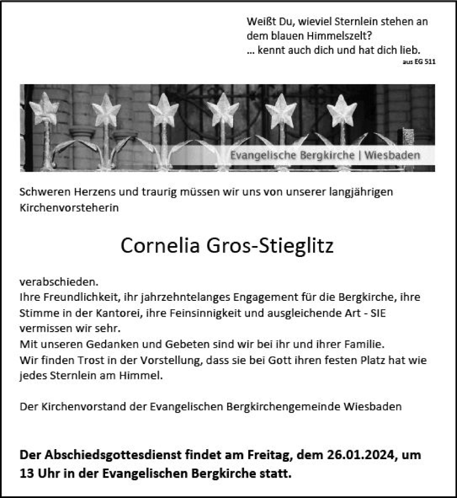  Traueranzeige für Cornelia Gros-Stieglitz vom 20.01.2024 aus Wiesbadener Kurier