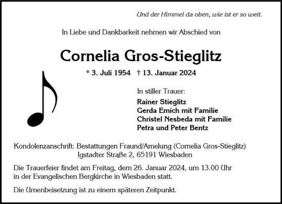 Traueranzeige von Cornelia Gros-Stieglitz von Wiesbadener Kurier