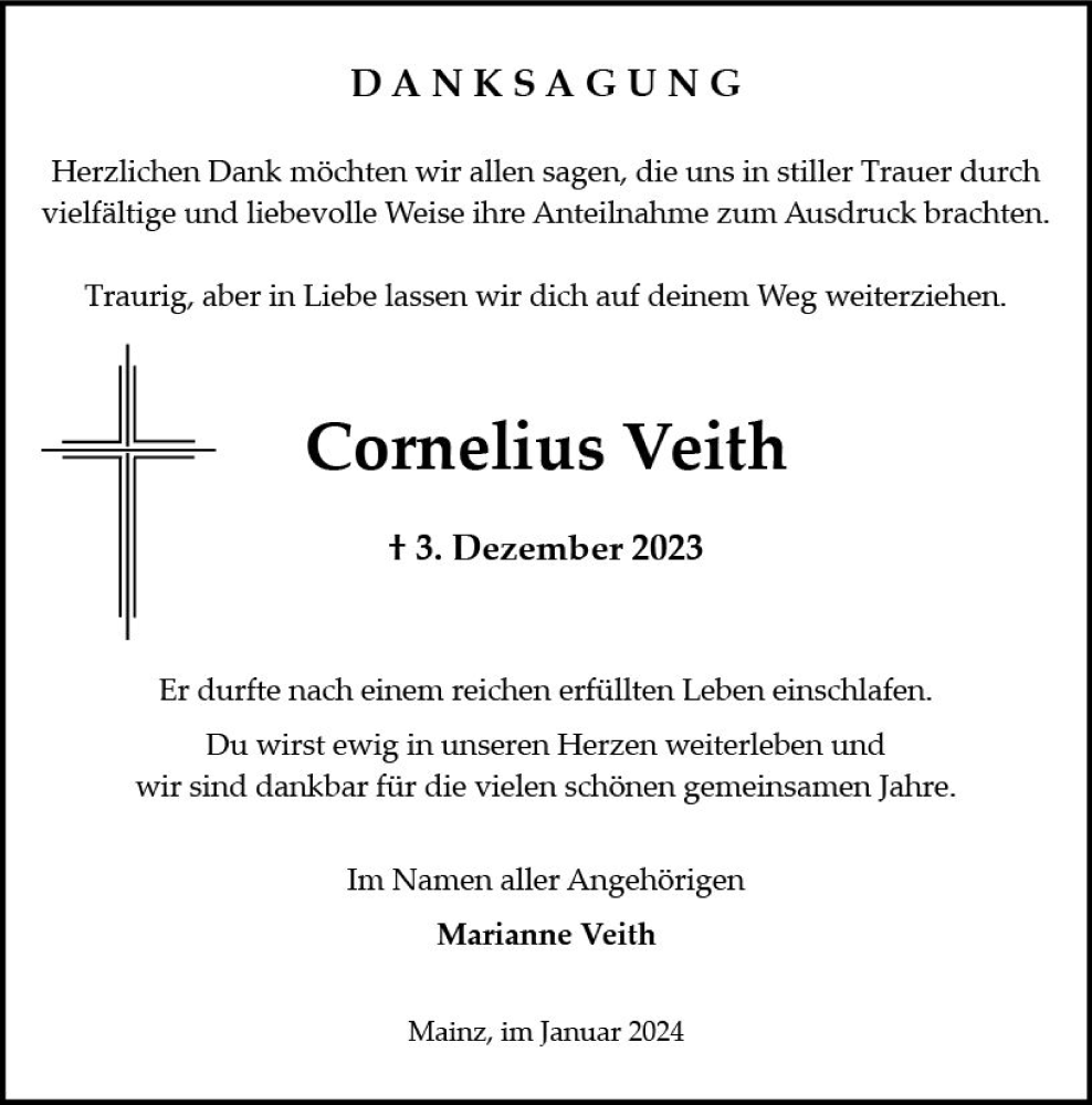  Traueranzeige für Cornelius Veith vom 06.01.2024 aus Allgemeine Zeitung Mainz