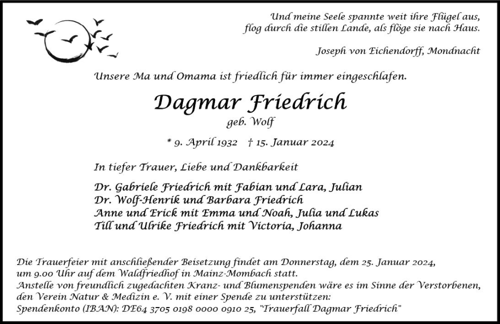  Traueranzeige für Dagmar Friedrich vom 20.01.2024 aus Allgemeine Zeitung Mainz