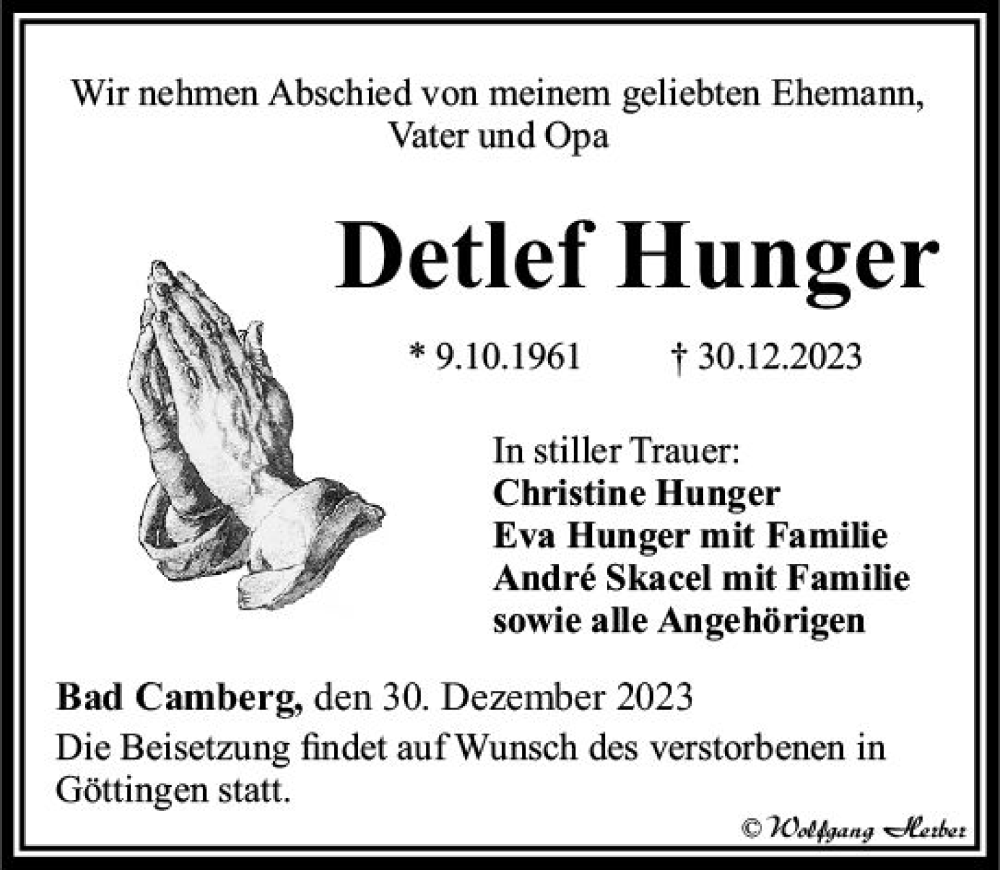  Traueranzeige für Detlef Hunger vom 11.01.2024 aus Camberger Anzeiger