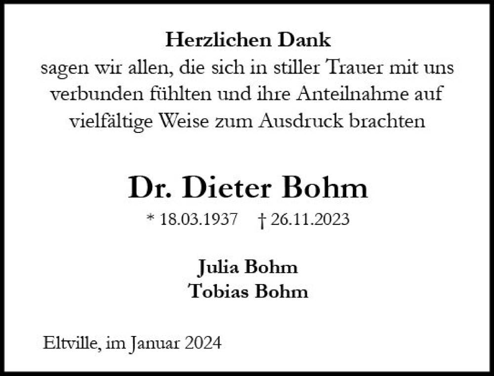  Traueranzeige für Dieter Bohm vom 06.01.2024 aus Wiesbadener Kurier