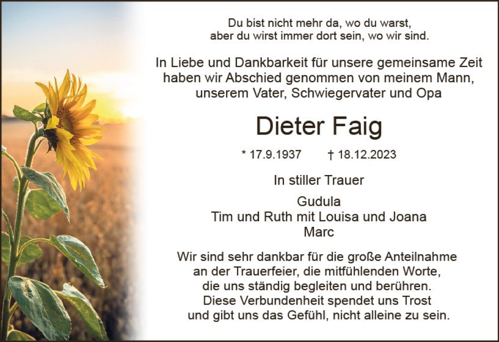  Traueranzeige für Dieter Faig vom 27.01.2024 aus Dieburger Anzeiger/Groß-Zimmerner Lokal-Anzeiger