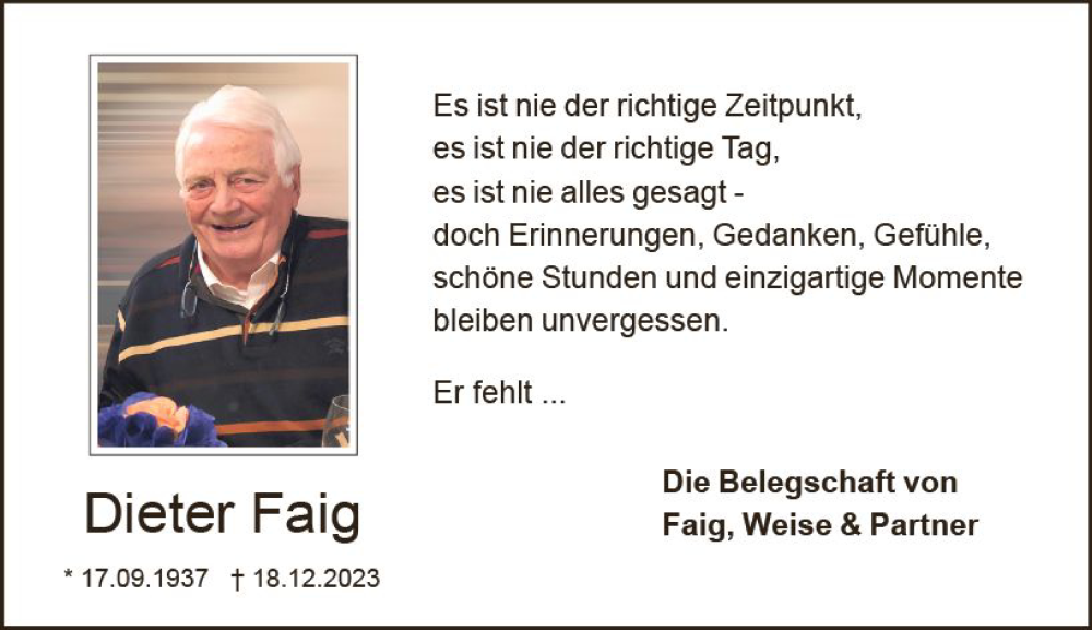  Traueranzeige für Dieter Faig vom 27.01.2024 aus Dieburger Anzeiger/Groß-Zimmerner Lokal-Anzeiger