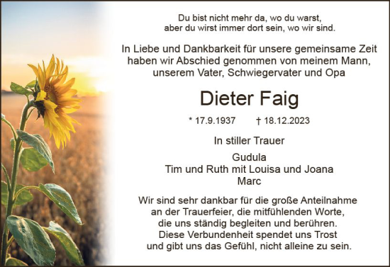 Traueranzeige von Dieter Faig von Dieburger Anzeiger/Groß-Zimmerner Lokal-Anzeiger