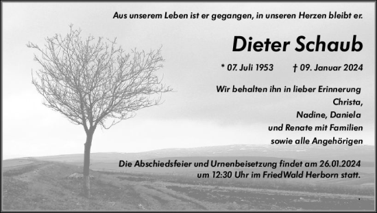 Traueranzeige von Dieter Schaub von Wetzlarer Neue Zeitung