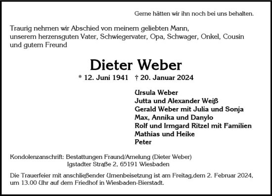 Traueranzeige von Dieter Weber von Wiesbadener Kurier