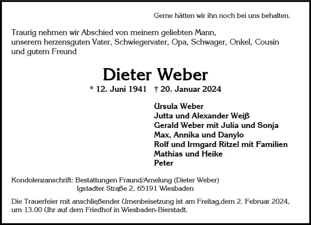  Traueranzeige für Dieter Weber vom 27.01.2024 aus Wiesbadener Kurier