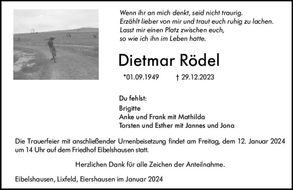 Traueranzeige für Dietmar Rödel vom 09.01.2024 aus Dill Block