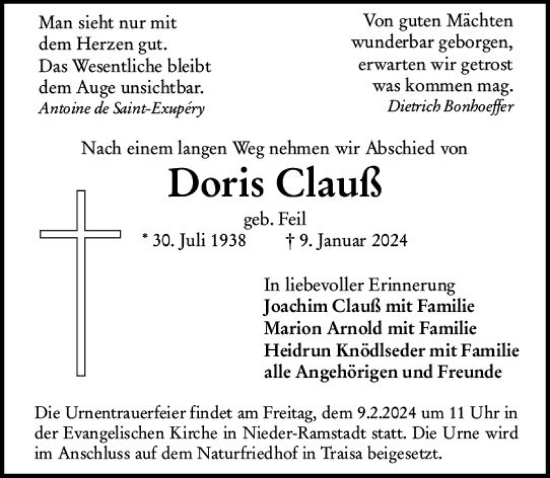 Traueranzeige von Doris Clauß von Darmstädter Echo