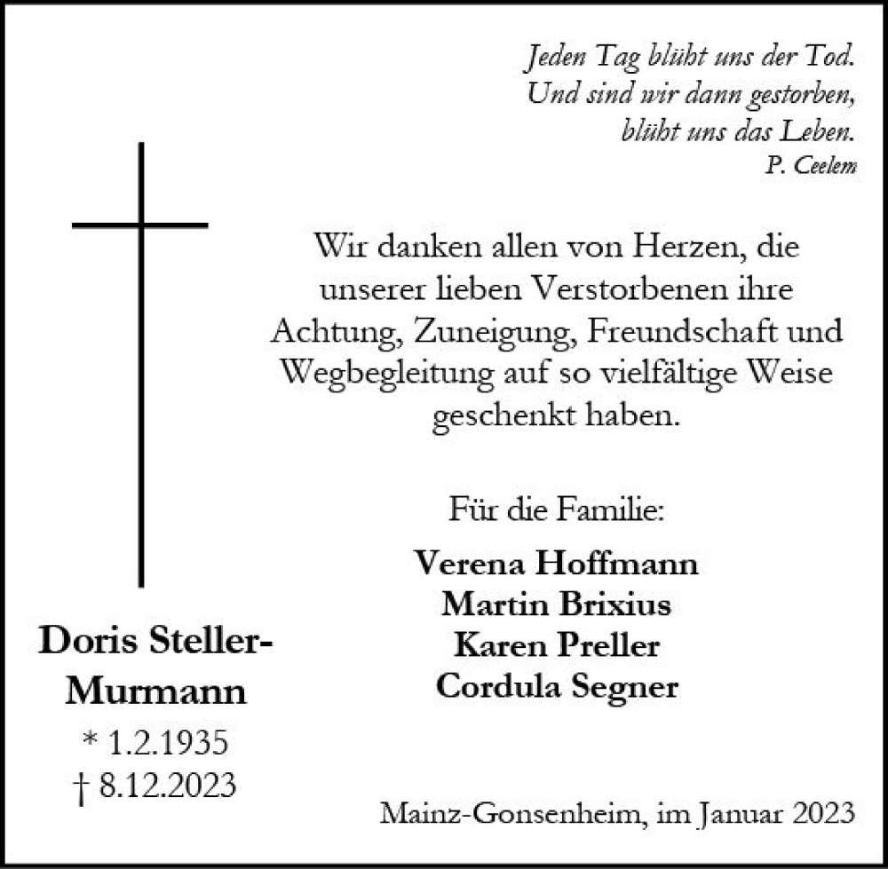  Traueranzeige für Doris Steller-Murmann vom 06.01.2024 aus Allgemeine Zeitung Mainz