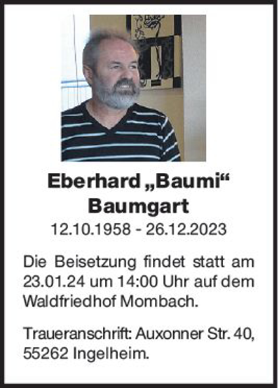 Traueranzeige von Eberhard Baumgart von Allgemeine Zeitung Mainz