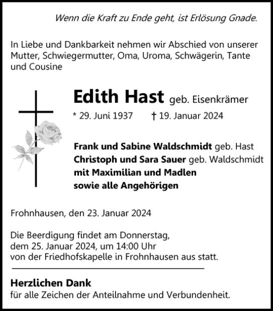 Traueranzeige von Edith Hast von Dill Block