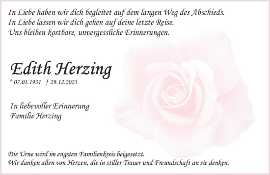 Traueranzeige von Edith Herzing von Odenwälder Echo