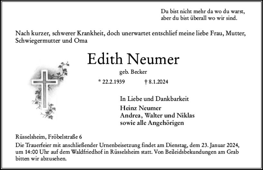  Traueranzeige für Edith Neumer vom 13.01.2024 aus Rüsselsheimer Echo