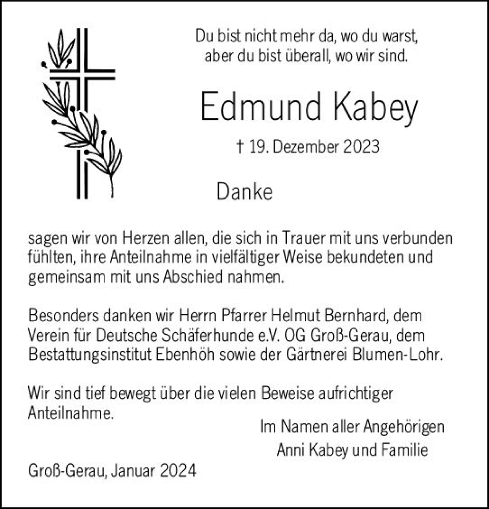  Traueranzeige für Edmund Kabey vom 27.01.2024 aus Groß-Gerauer Echo