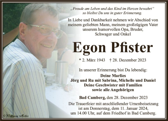 Traueranzeige von Egon Pfister von Nassauische Neue Presse