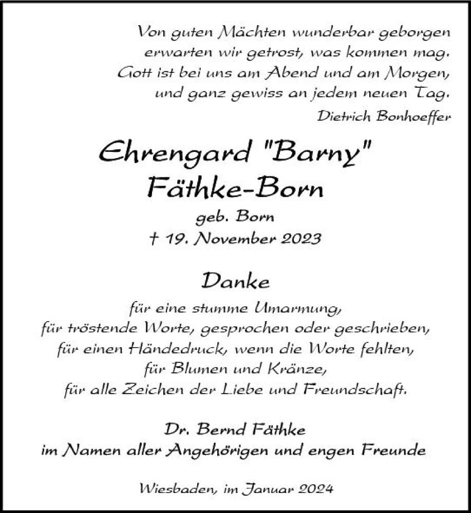  Traueranzeige für Ehrengard Fäthke-Born vom 06.01.2024 aus Wiesbadener Kurier