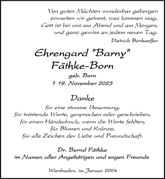 Traueranzeige von Ehrengard Fäthke-Born von Wiesbadener Kurier