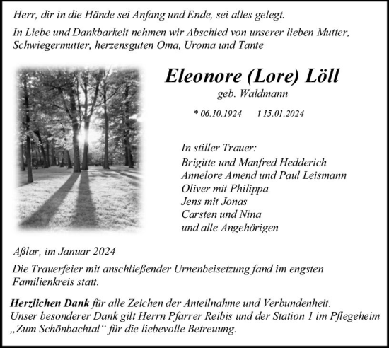 Traueranzeige von Eleonore Löll von Wetzlarer Neue Zeitung