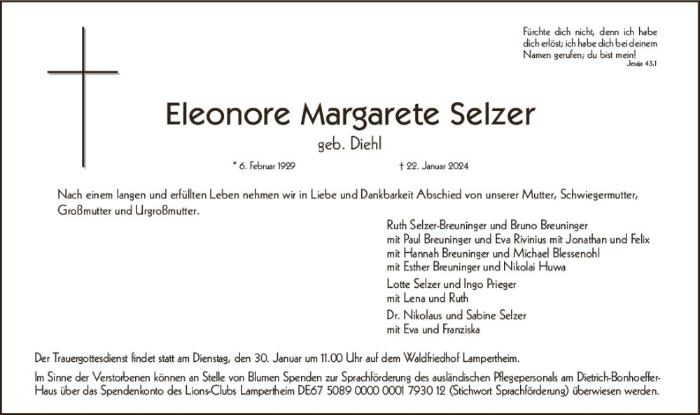  Traueranzeige für Eleonore Margarete Selzer vom 27.01.2024 aus Starkenburger Echo