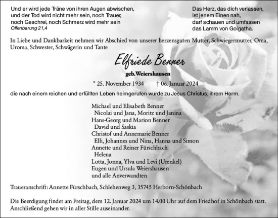Traueranzeige von Elfriede Benner von Dill Block