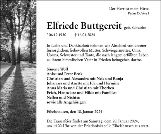 Traueranzeige von Elfriede Buttgereit von Dill Block