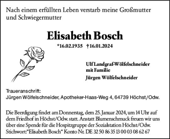 Traueranzeige von Elisabeth Bosch von Odenwälder Echo