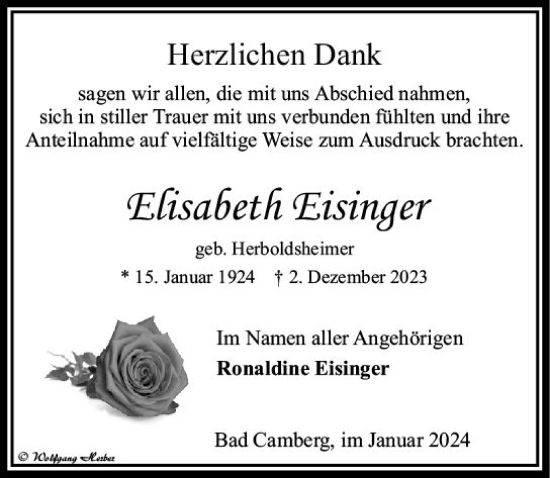 Traueranzeige von Elisabeth Eisinger von Camberger Anzeiger