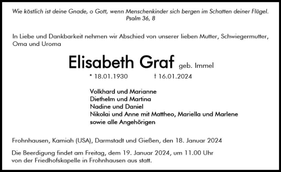 Traueranzeige von Elisabeth Graf von Dill Block