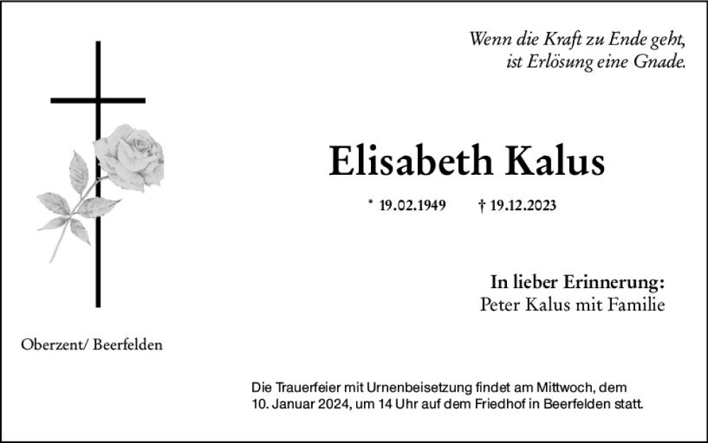  Traueranzeige für Elisabeth Kalus vom 06.01.2024 aus Odenwälder Echo