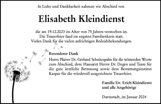 Traueranzeige von Elisabeth Kleindienst von Darmstädter Echo