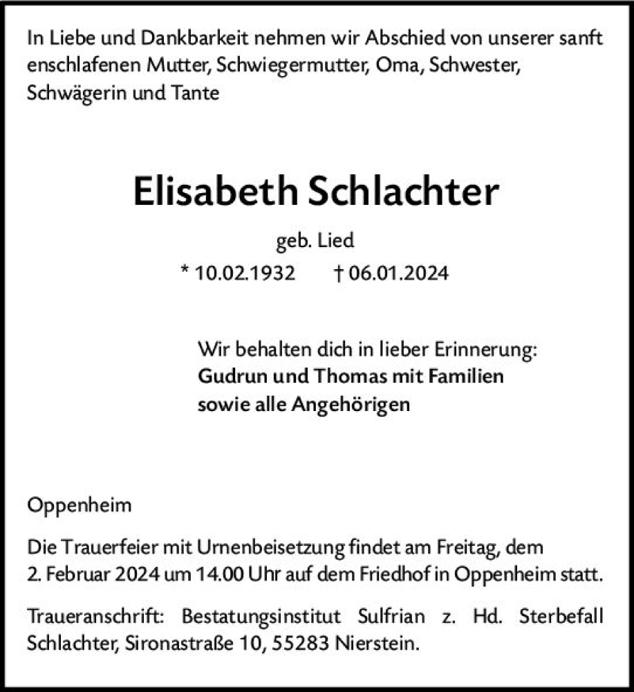  Traueranzeige für Elisabeth Schlachter vom 27.01.2024 aus Allgemeine Zeitung Mainz