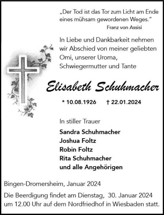 Traueranzeige von Elisabeth Schuhmacher von Wiesbadener Kurier