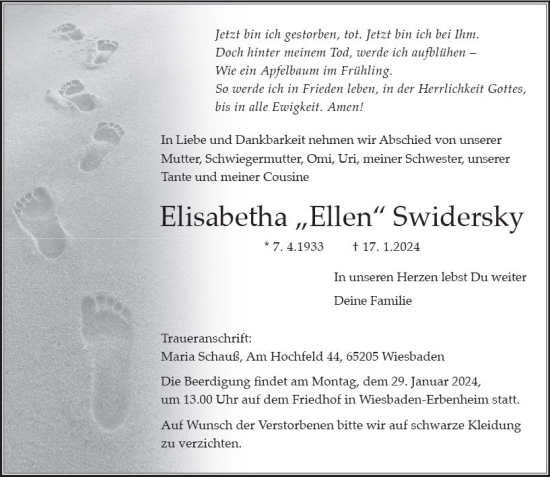 Traueranzeige von Elisabetha  Swidersky von Wiesbadener Kurier