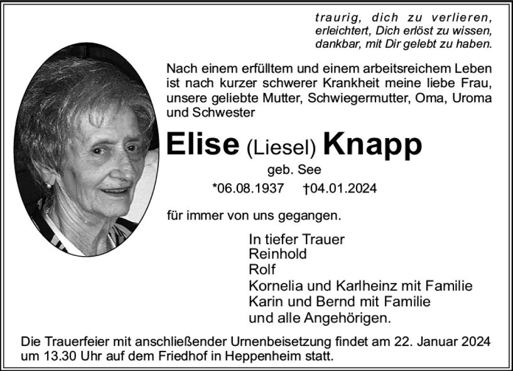  Traueranzeige für Elise  Knapp vom 20.01.2024 aus Starkenburger Echo