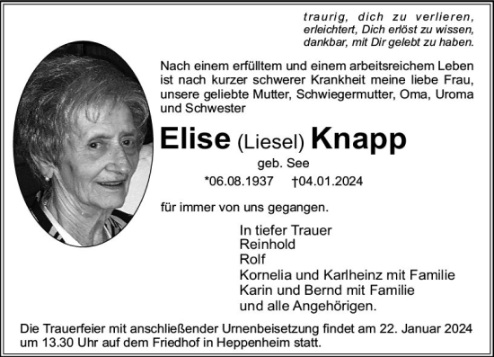 Traueranzeige von Elise  Knapp von Starkenburger Echo