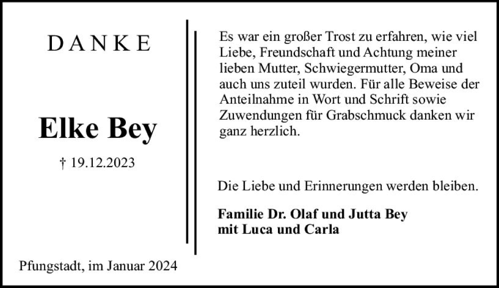  Traueranzeige für Elke Bey vom 20.01.2024 aus Darmstädter Echo