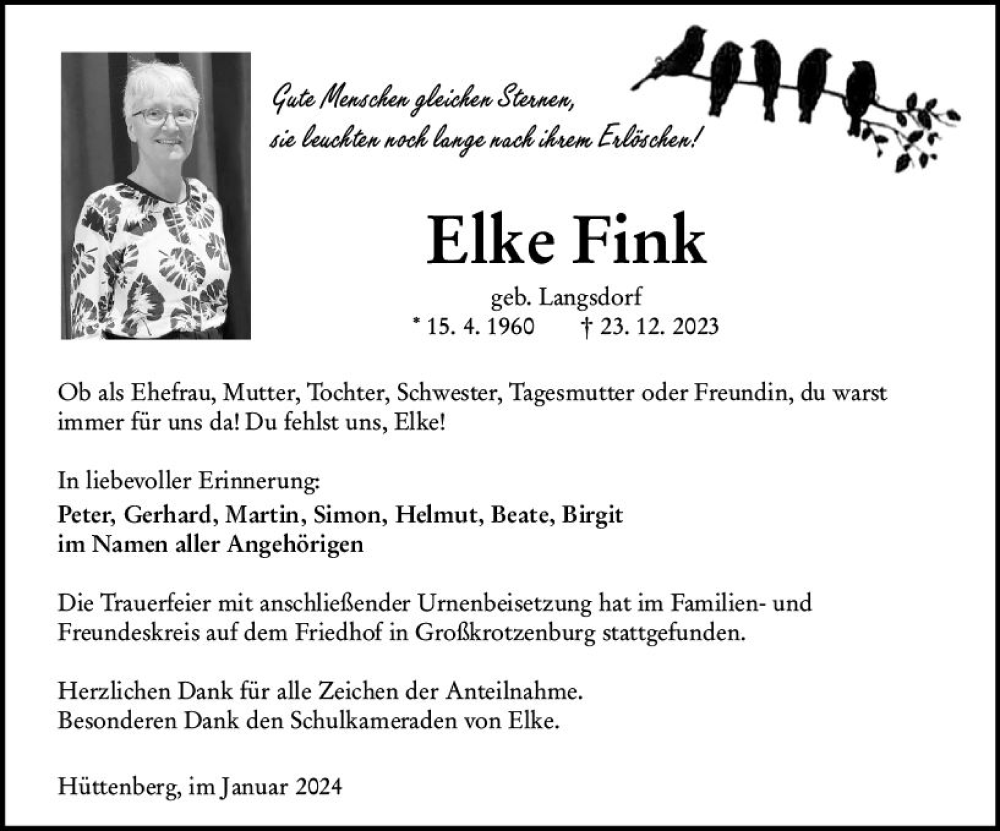  Traueranzeige für Elke Fink vom 13.01.2024 aus Wetzlarer Neue Zeitung