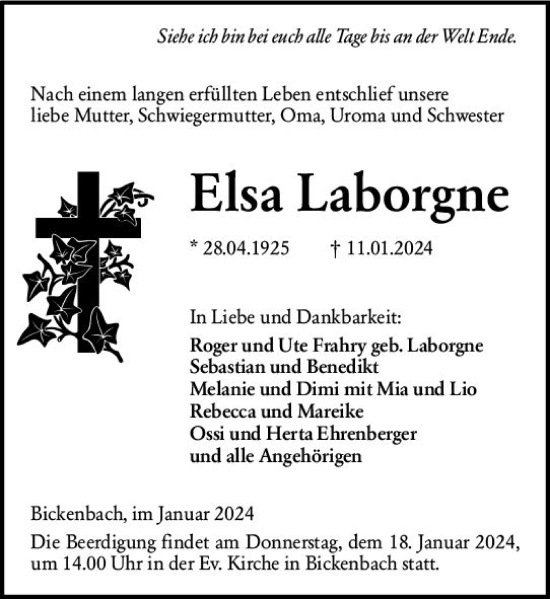 Traueranzeige von Elsa Laborgne von Darmstädter Echo